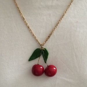 Cherry necklace, gold tone long chain, handmade